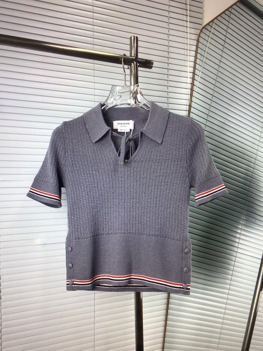 Thom Browne Slate Grey Short Sleeve Knit Polo with Tricolor Trim